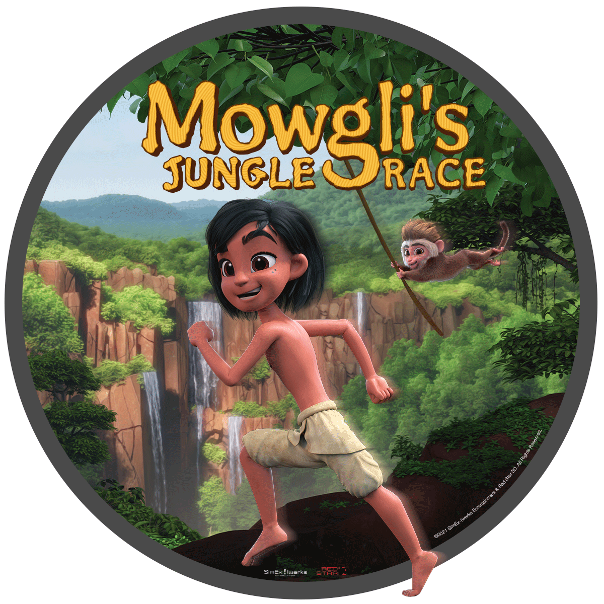 mowgli's jungle race showing film logo and mowgli running with a monkey that is swinging