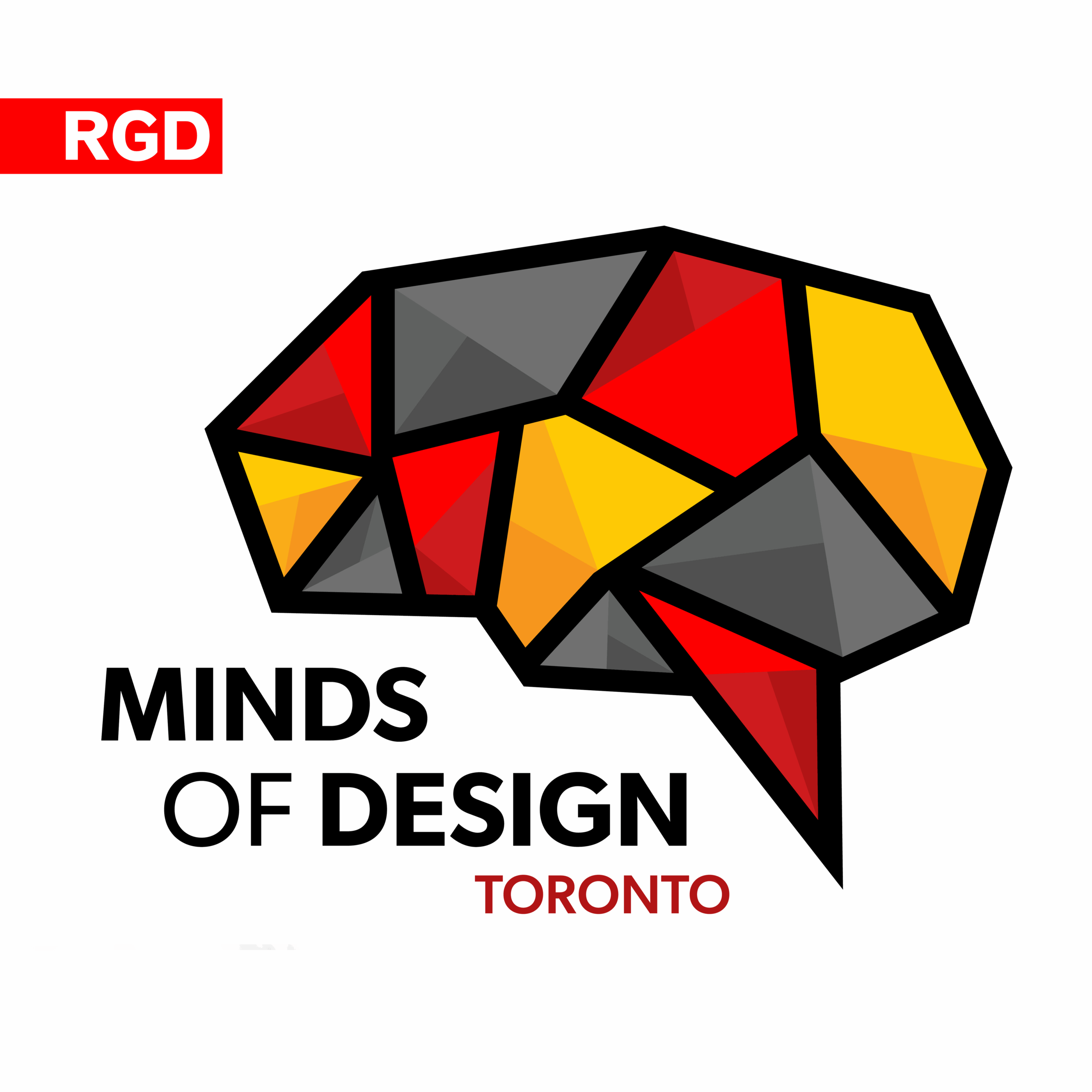 Minds of Design logo brain icon with yellow, red and grey sections resembling stained glass